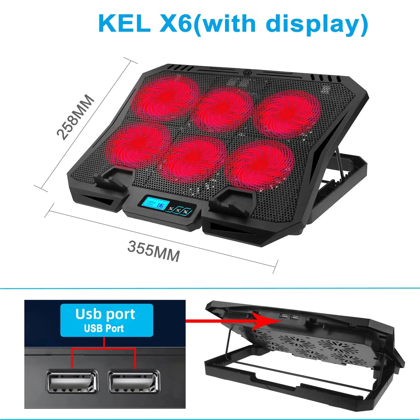 Laptop Cooling Pad with Cooler H9 (2 USB Ports + 6 Fans)