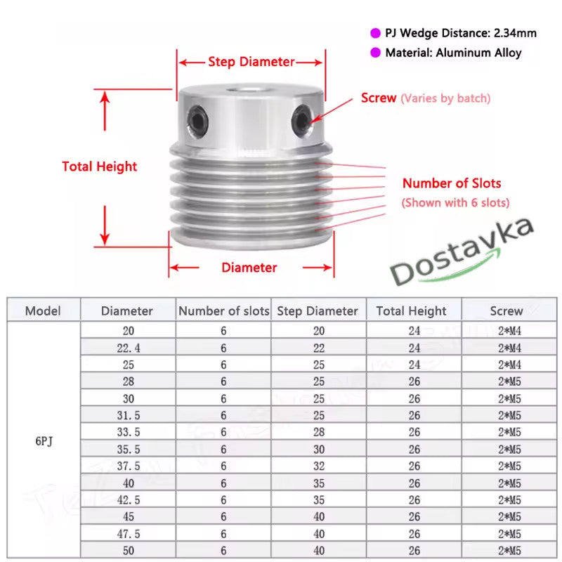 6PJ poly V-belt transmission pulley on 8mm shaft with key and pins