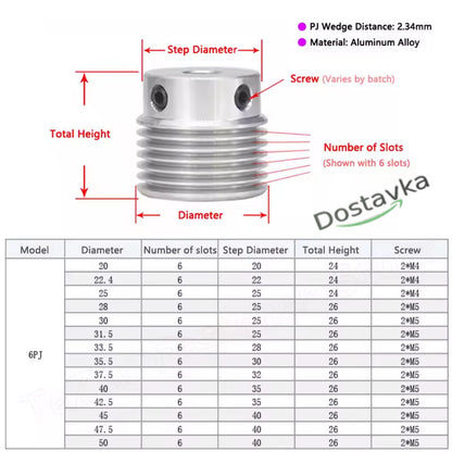 6PJ poly V-belt transmission pulley on 8mm shaft with key and pins