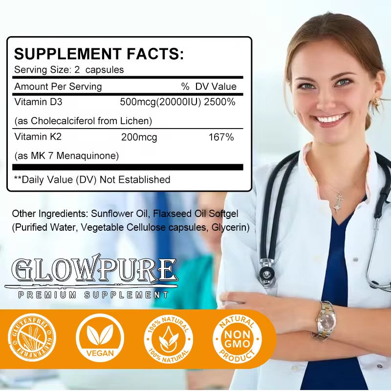 Vitamin D3 K2 Capsules - 20,000 IU for Healthy Bones, Teeth and Cardiovascular Health