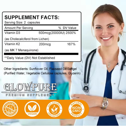 Vitamin D3 K2 Capsules - 20,000 IU for Healthy Bones, Teeth and Cardiovascular Health