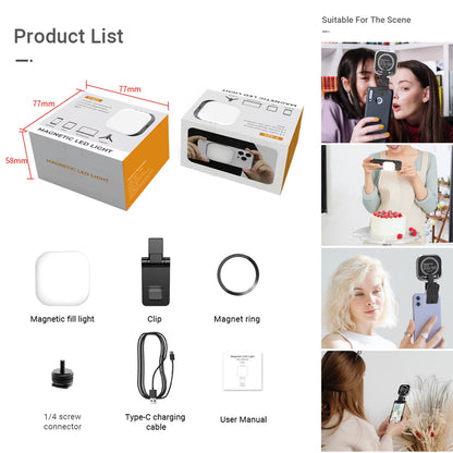 Mini Magsafe Magnetic LED Light for iPhone 15 14 13 12 Series with 1/4 Clip for Makeup Vlog