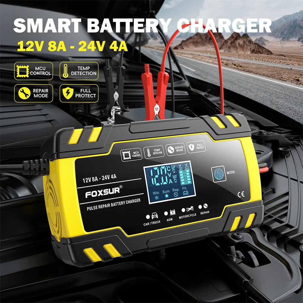 Foxsur FBC122408D 12V 8A/24V 4A Yellow Automatic Pulse Car Battery Charger