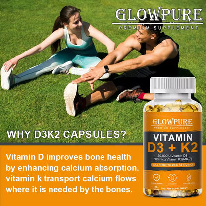 Vitamin D3 K2 Capsules - 20,000 IU for Healthy Bones, Teeth and Cardiovascular Health