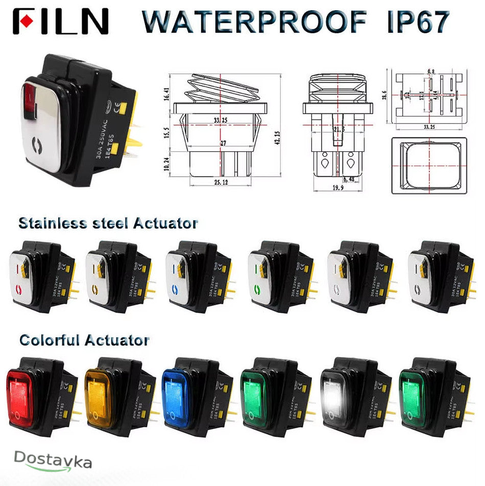 Waterproof Rocker Switch KCD4 30A (Stainless Steel) 250VAC 12v LED 4pin On/Off IP67