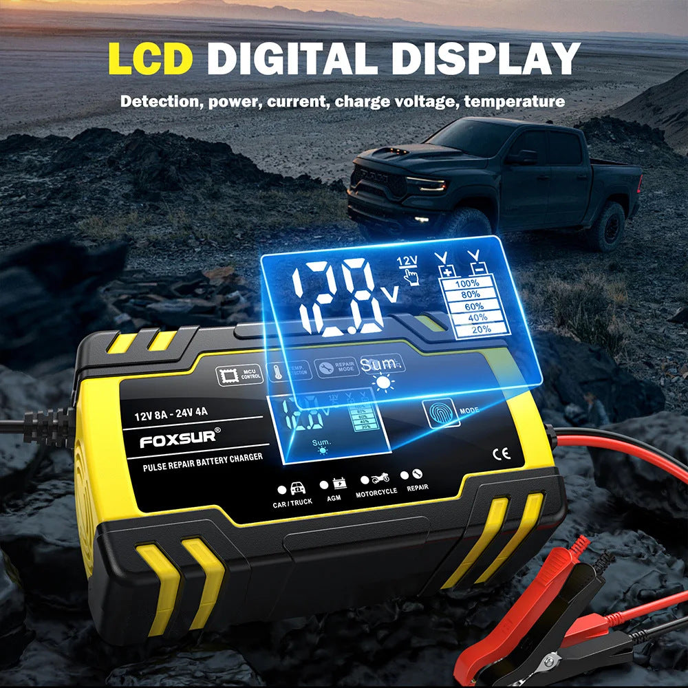 Foxsur FBC122408D 12V 8A/24V 4A Yellow Automatic Pulse Car Battery Charger