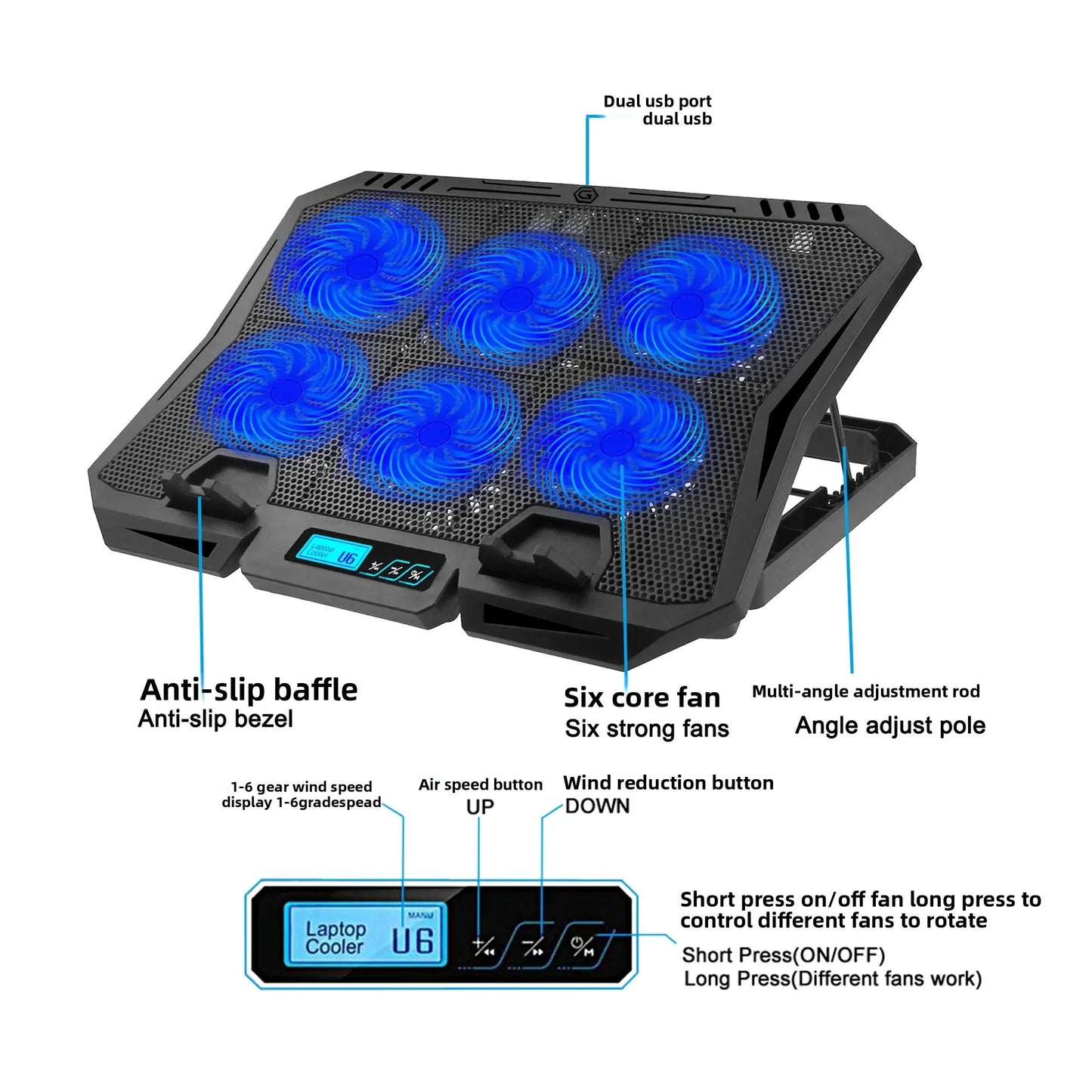 Laptop Cooling Pad with Cooler H9 (2 USB Ports + 6 Fans)