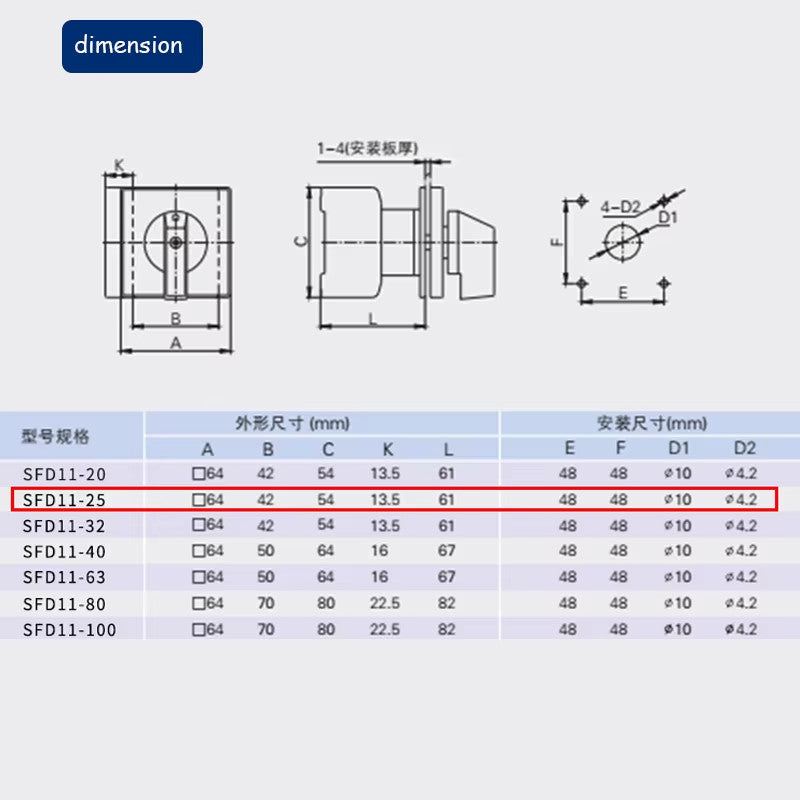 Rotary cam switch SD11 for 3 phases 25 Amp (31*43)