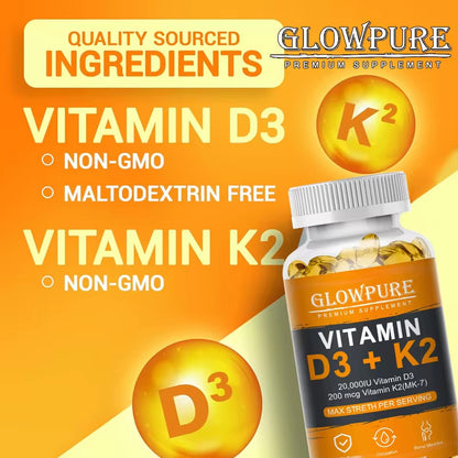 Vitamin D3 K2 Capsules - 20,000 IU for Healthy Bones, Teeth and Cardiovascular Health