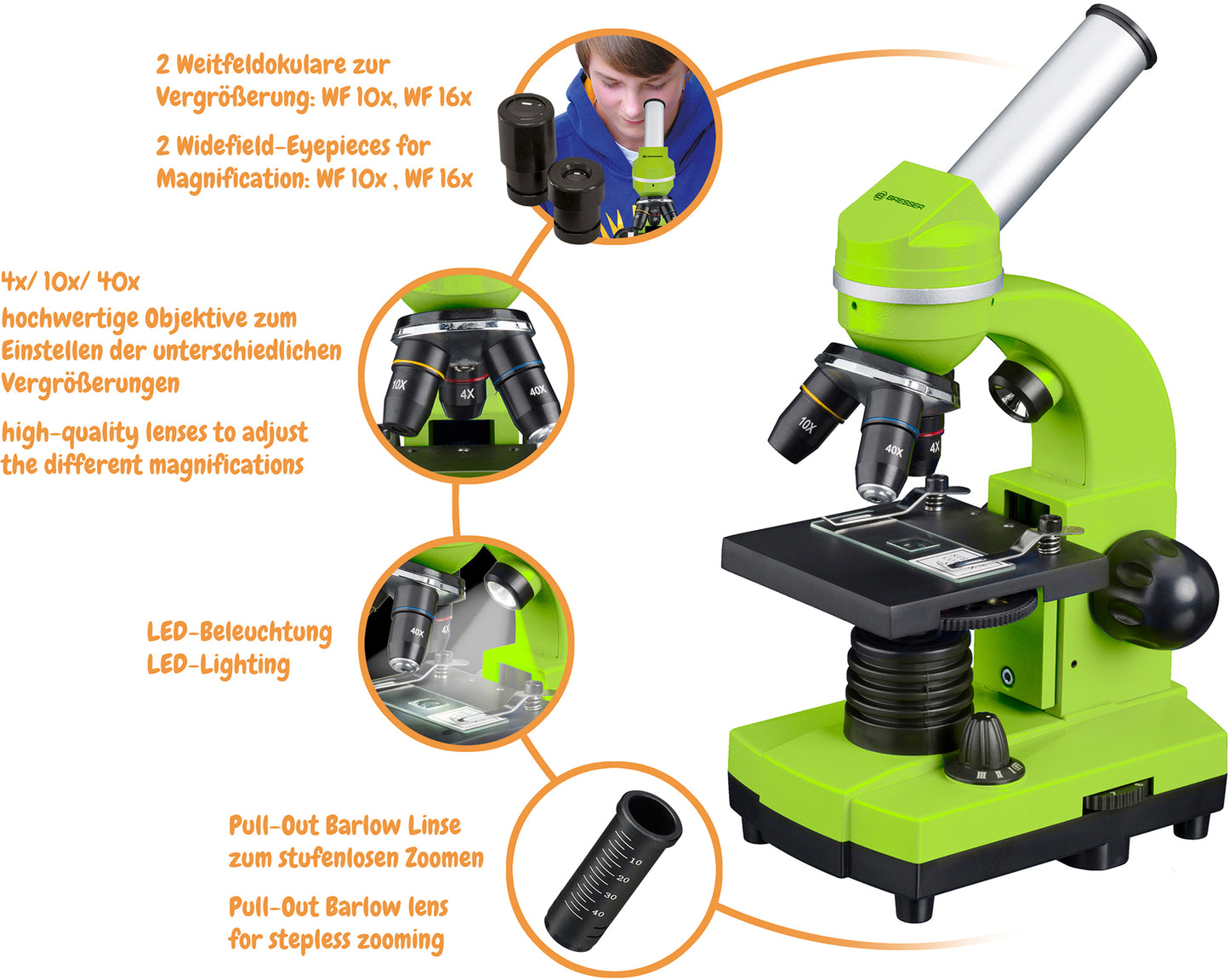 Microscope Bresser Junior Biolux SEL 40x-1600x Green with adapter for smartphone (8855600B4K000)