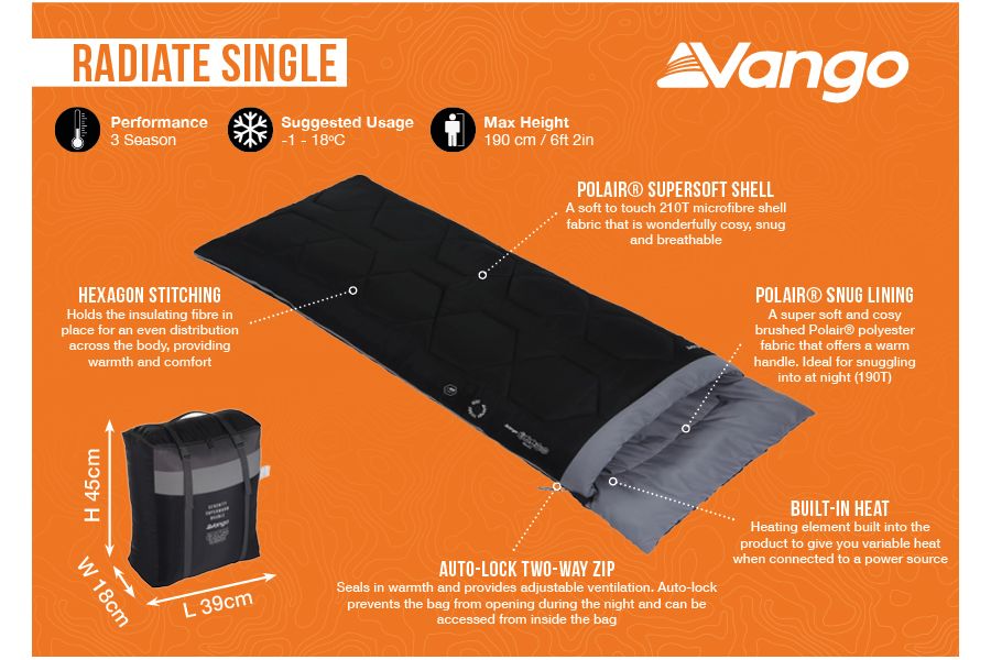 Sleeping bag with heating Vango Radiate Single/-3°C Black Left (SBQRADIATB05TJ8)