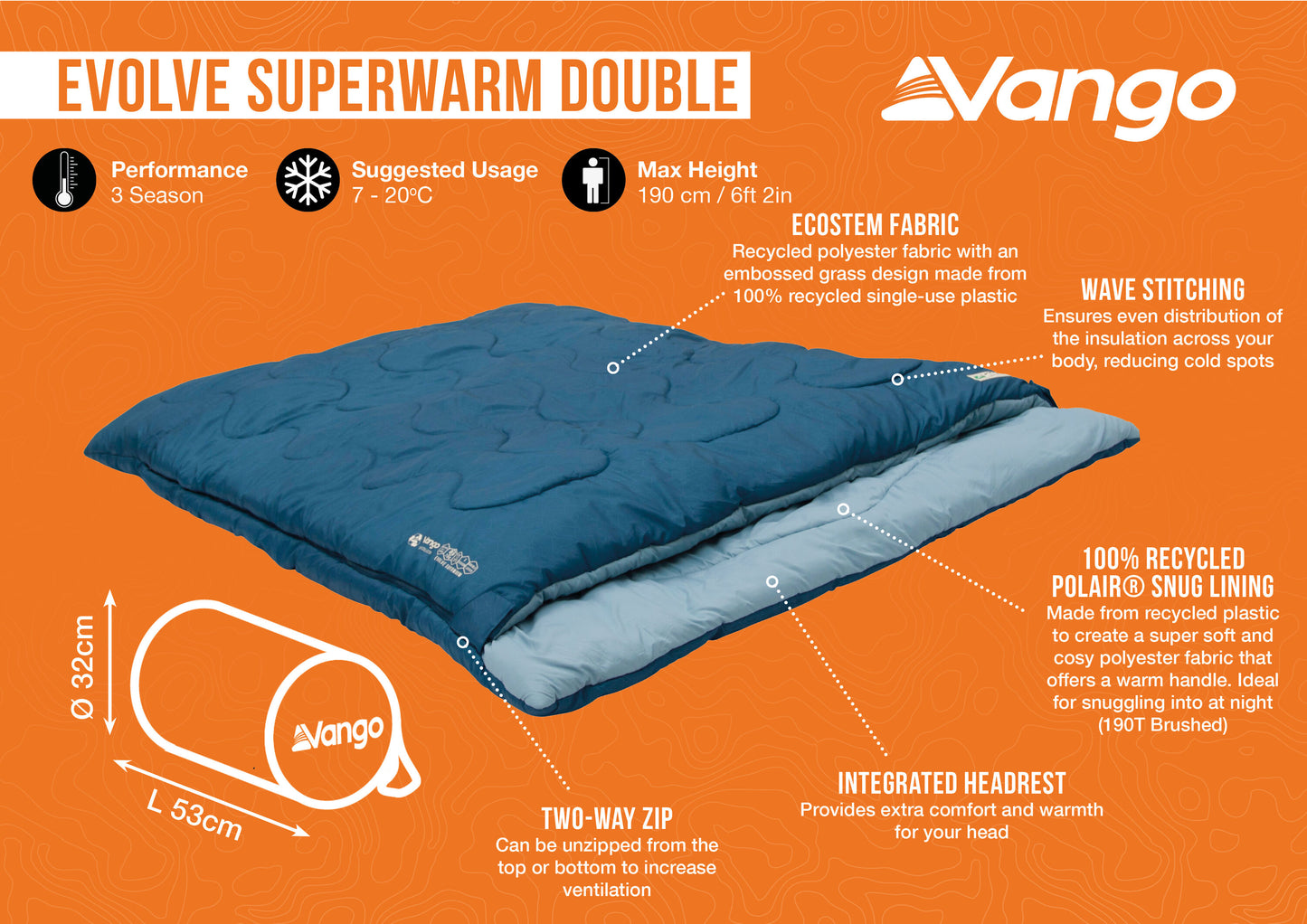 Sleeping bag Vango Evolve Superwarm Double/+2°C Moroccan Blue Twin (SBREVOLVEM23S68)