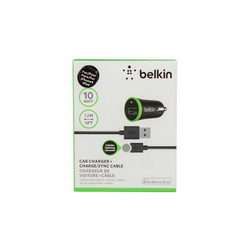 Belkin car charger (input 12V output USB 5V 2.1A) + USB/Lightning cable for mobile phone, black.