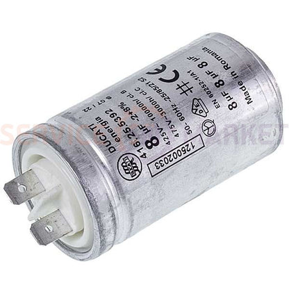 Пусковой конденсатор для стир. машины 8uF 425/475V 64x35mm (2 клемы) Ariston