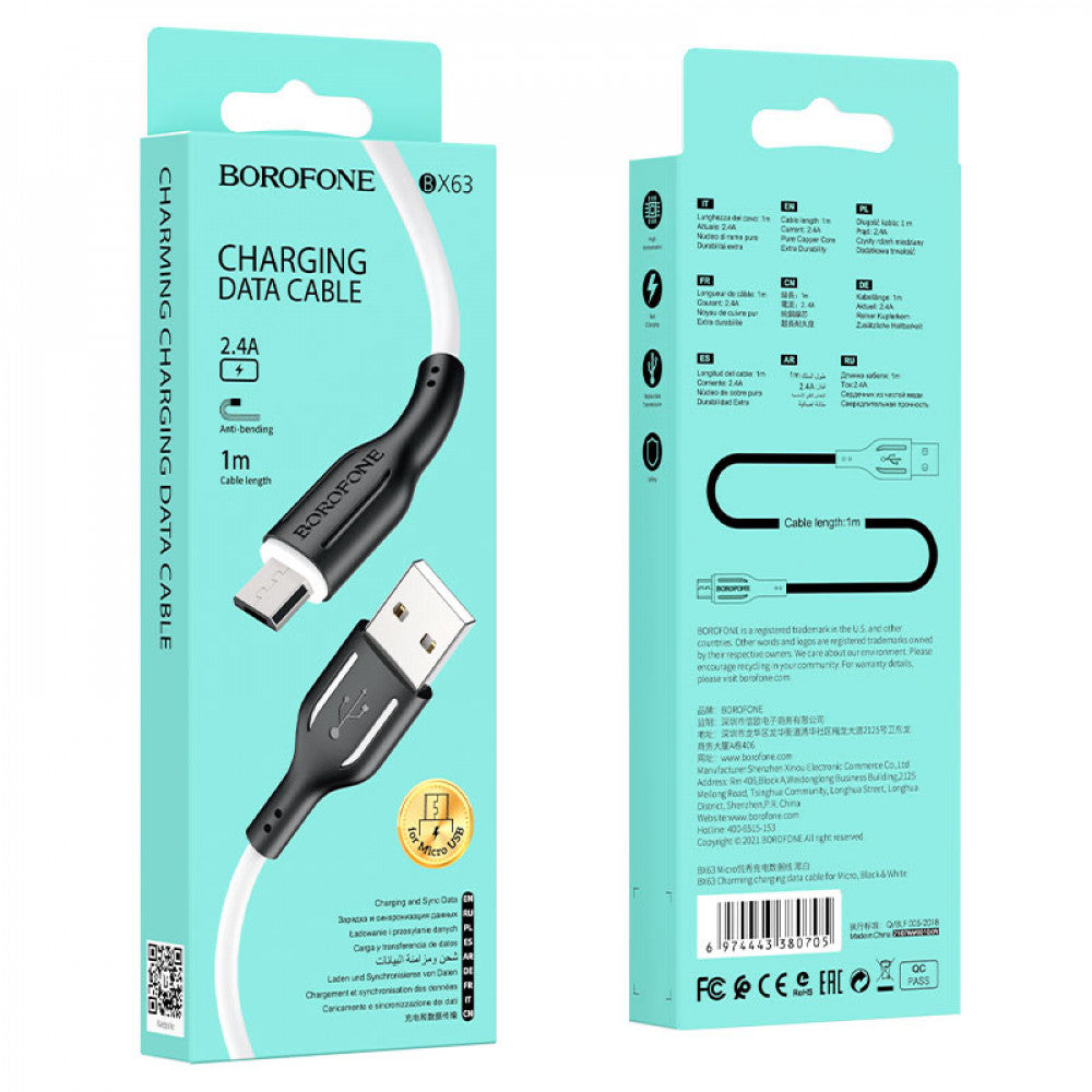 Cable Micro 2.4A (1m) – Borofone BX63 – Black &amp; White