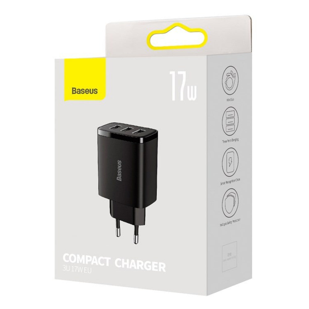 Home Charger | 17W | 3U - Baseus (CCXJ020) Compact Charger - CCXJ020101 Black