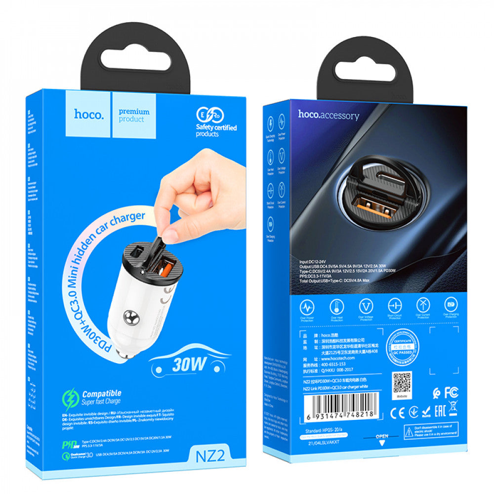 Car Charger | 30W | PD | QC3.0 - Hoco NZ2 - White