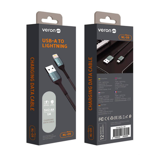 Lightning cable 2.4A (1m) Veron NL09 Nylon – Black
