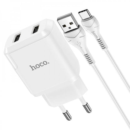 Home Charger | 2.1A | 2U | USB C Cable (1m) – Hoco N7 – Black