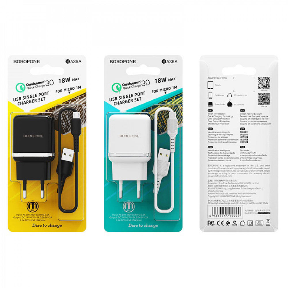 Home Charger | 18W | QC3.0 | Micro Cable (1m) – Borofone BA36A – Black