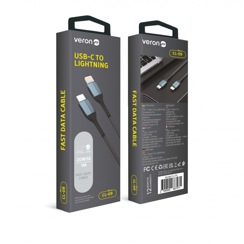 USB C to Lightning Cable 20W (1m) – Veron CL09 Nylon – Black