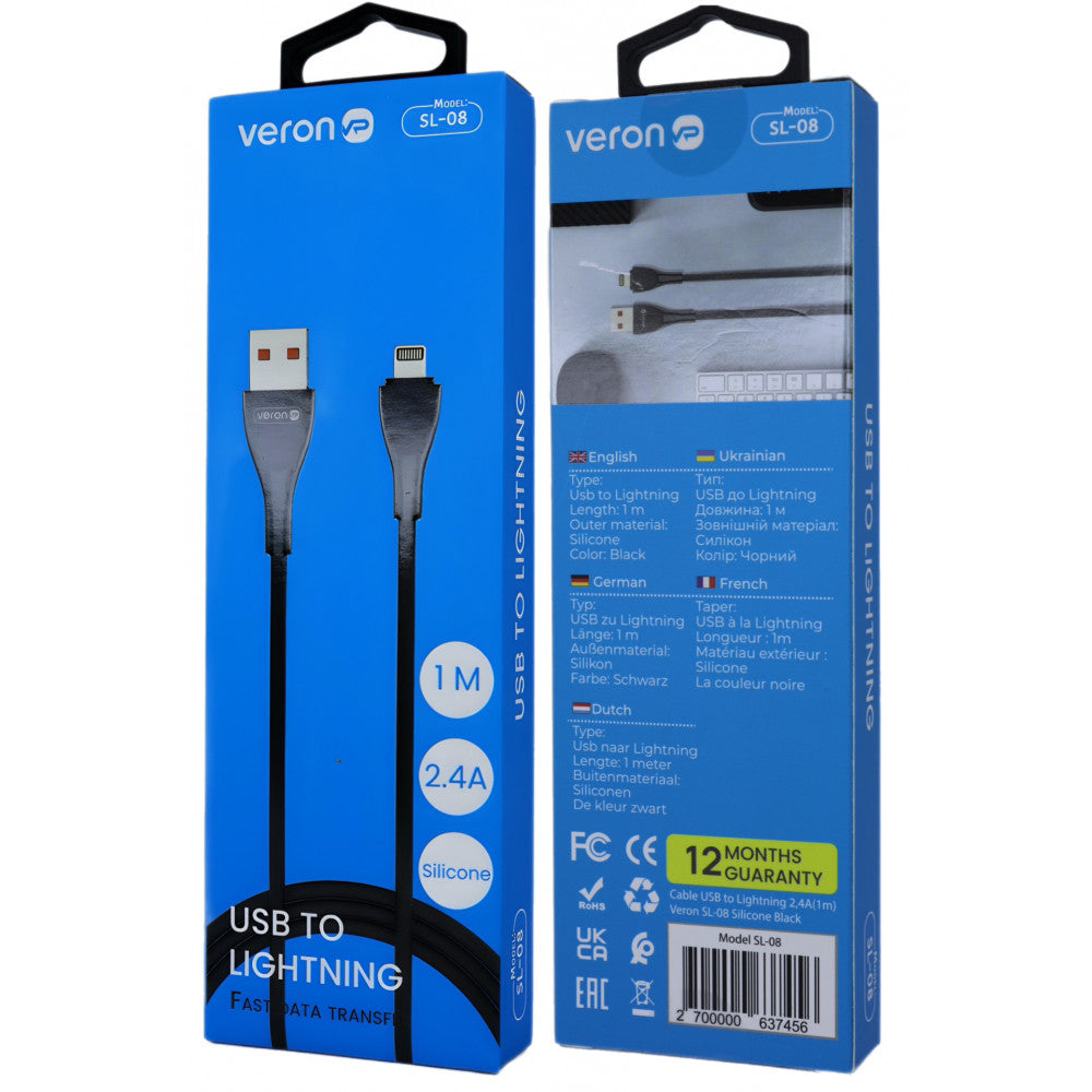 Lightning cable 2.4A (1m) Veron SL08 Silicon - Black