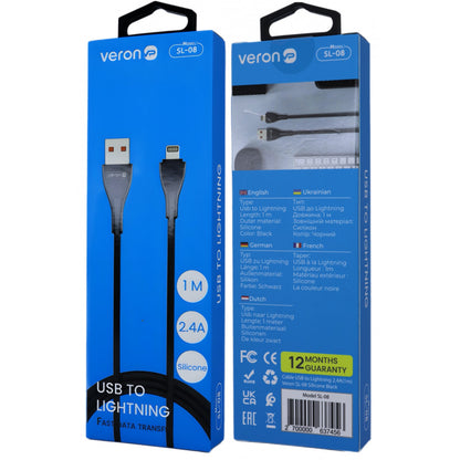 Lightning cable 2.4A (1m) Veron SL08 Silicon - Black