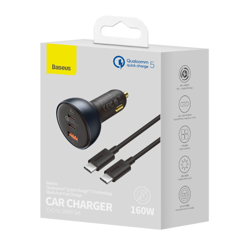 Car Charger | 160W | 1U | 2C | C to C Cable (1m) - Baseus (TZCCZM-0G) Qualcomm® Quick Charge™ 5 Technology Fast Charge Gray - TZCCZM-0G Gray