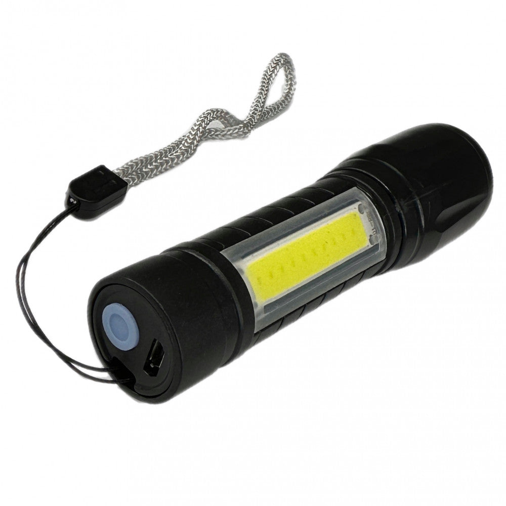 Rechargeable LED flashlight W511S flashlight with side diode three operating modes, main light, side LED light and strobe plastic case