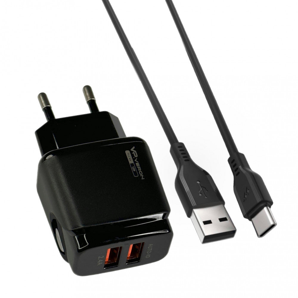Home Charger | 2.4A | 2U | USB C Cable (1m) – Veron VR-C12C – Black
