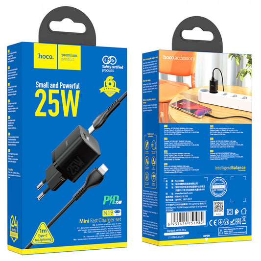 Home Charger | 25W | PD3.0 | C to Lightning Cable (1m) – Hoco N19 – Black
