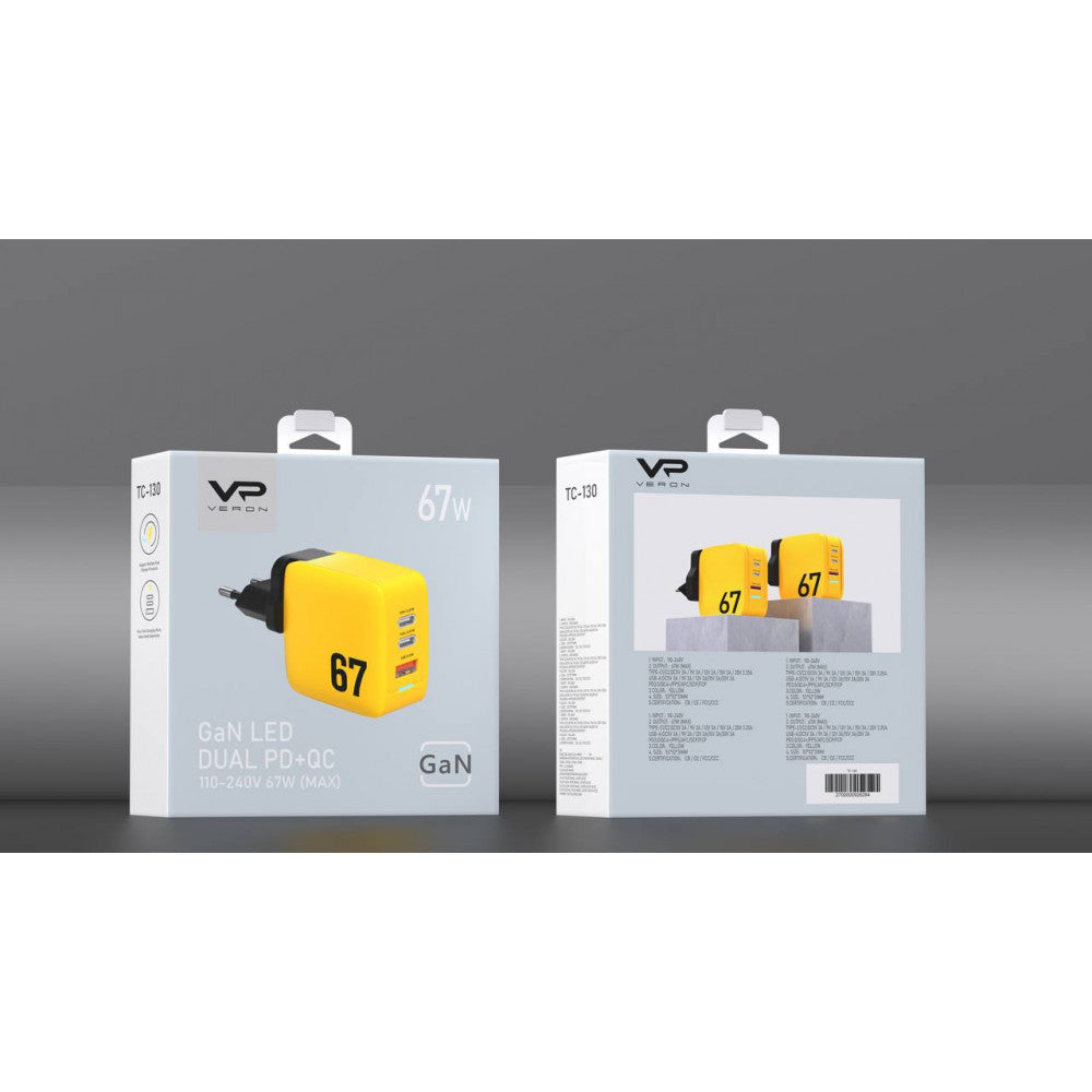 Home Charger | 67W | GaN | 2 PD | QC3.0 - Veron TC-67