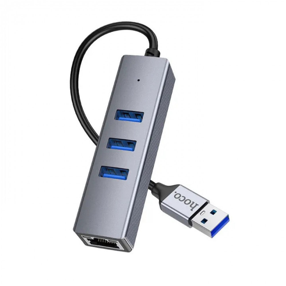 HUB USB To 3 USB3.0 &amp; RJ45 Hoco HB34 Easy link – Metal Gray