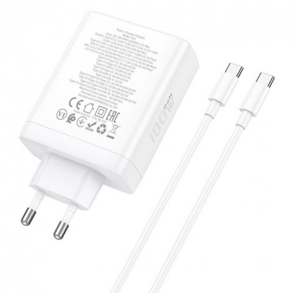 Home Charger | 100W | PD | QC3.0 | C to C Cable (1m) – Hoco N31 – White
