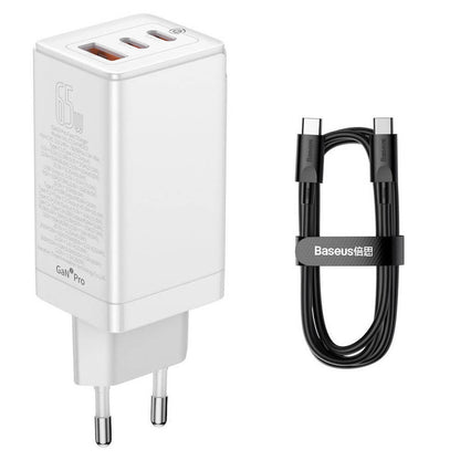 Home Charger | 65W | GaN3 | 1U | 2C | C to C Cable (1m) – Baseus (CCGP0501) Pro Fast Charger – CCGP050102 White