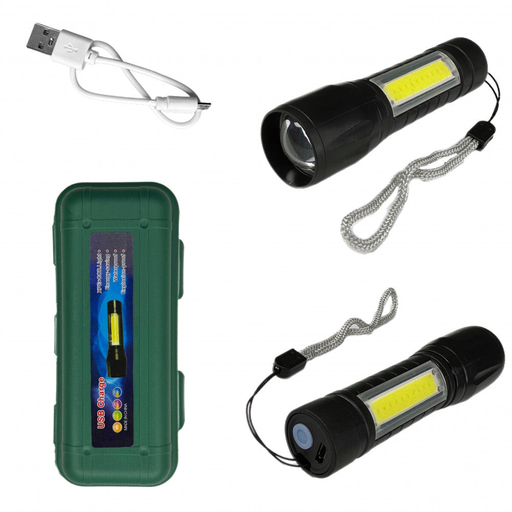 Rechargeable LED flashlight W511S flashlight with side diode three operating modes, main light, side LED light and strobe plastic case