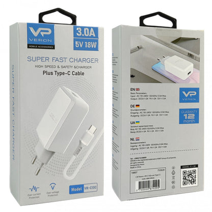 Home Charger | 18W | 1U | USB C Cable (1m) – Veron VR-C13Q – White