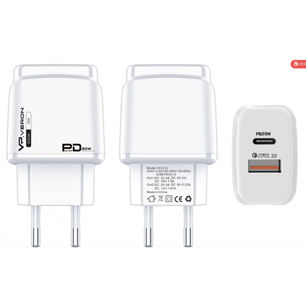 Home Charger | 20W | PD | QC3.0 – Veron VR-C12 – White