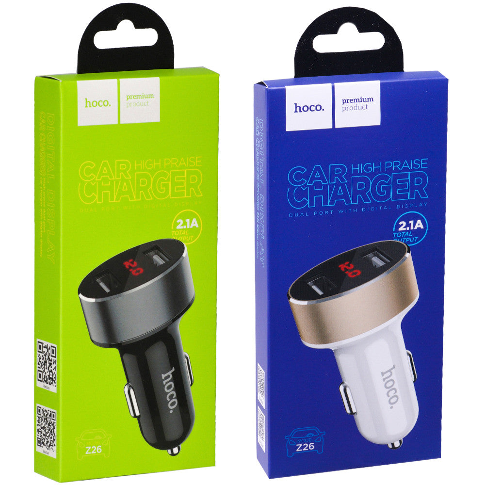Car Charger | 2.1A | 2U | Digital Display - Hoco Z26 - Black
