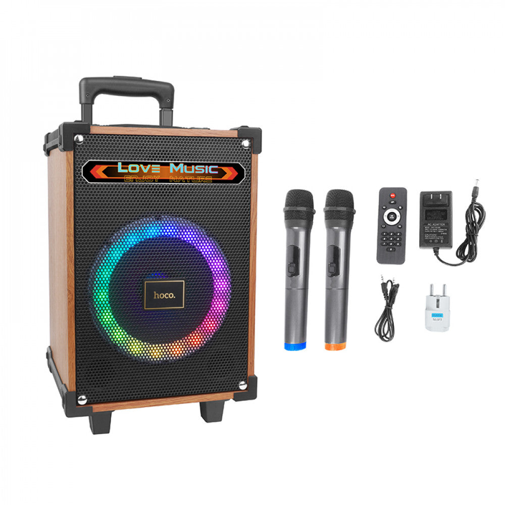 Bluetooth Speaker &amp; 2 Microphones – Hoco HA2 Wave – Wooden pattern