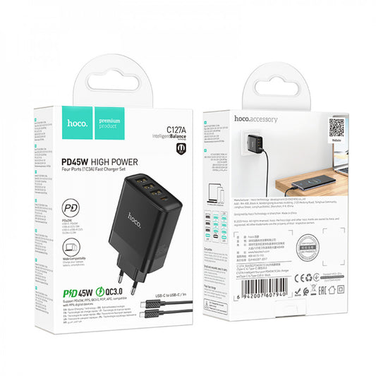 Home Charger | 45W | PD | QC3.0 | C to C Cable (1m) – Hoco C127A – Black