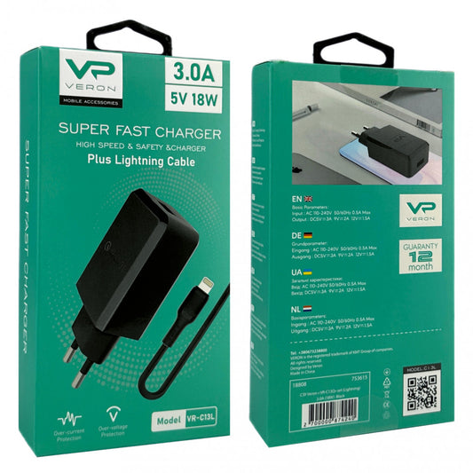 Home Charger | 18W | 1U | Lightning Cable (1m) – Veron VR-C13Q – White
