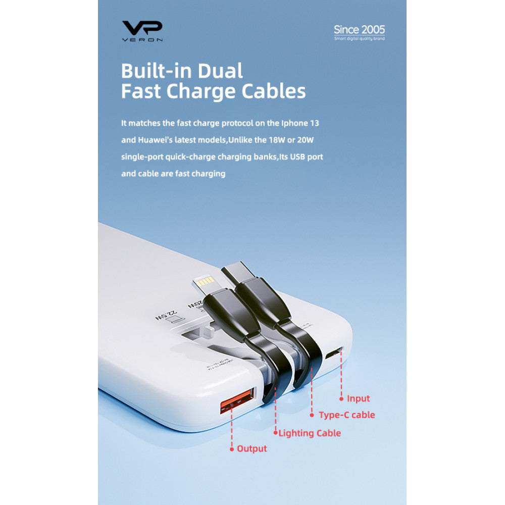 Power Bank 10000 mAh PD – Veron PS1 &amp; Type C 22.5w &amp; Lightning 20w Cables – Black