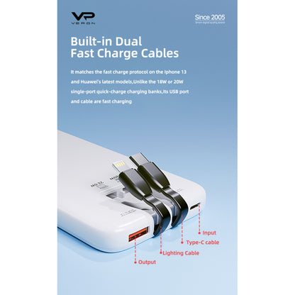 Power Bank 10000 mAh PD – Veron PS1 &amp; Type C 22.5w &amp; Lightning 20w Cables – Black