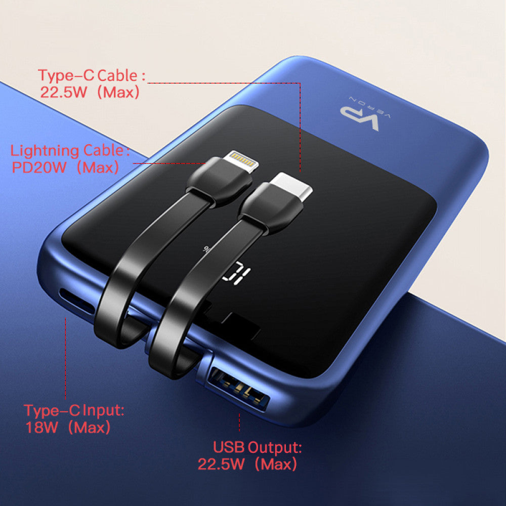 Power Bank 10000 mAh PD – Veron PS1 &amp; Type C 22.5w &amp; Lightning 20w Cables – Black